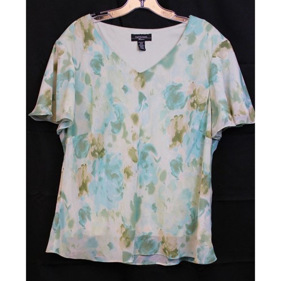 R&M Richards Outfit sz 18 W Teal Floral Shirt Tiered Skirt Spring Assmytrical - Picture 2 of 12